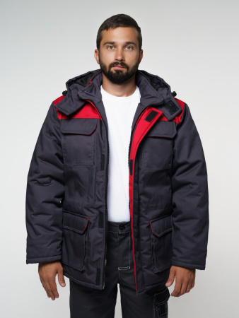 Куртка мужская зимняя Кур703 ткань Твил, цвет темно-серый с красным