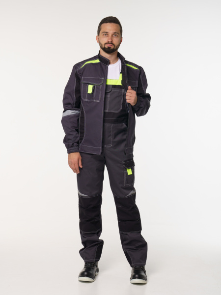 Полукомбинезон рабочий мужской №116 серый, черный, лимонный, СОП, ткань Rodos